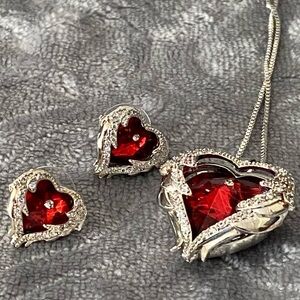 Red Angel Heart Crystal Necklace & Earrings Set Silver Tone Statement Jewelry